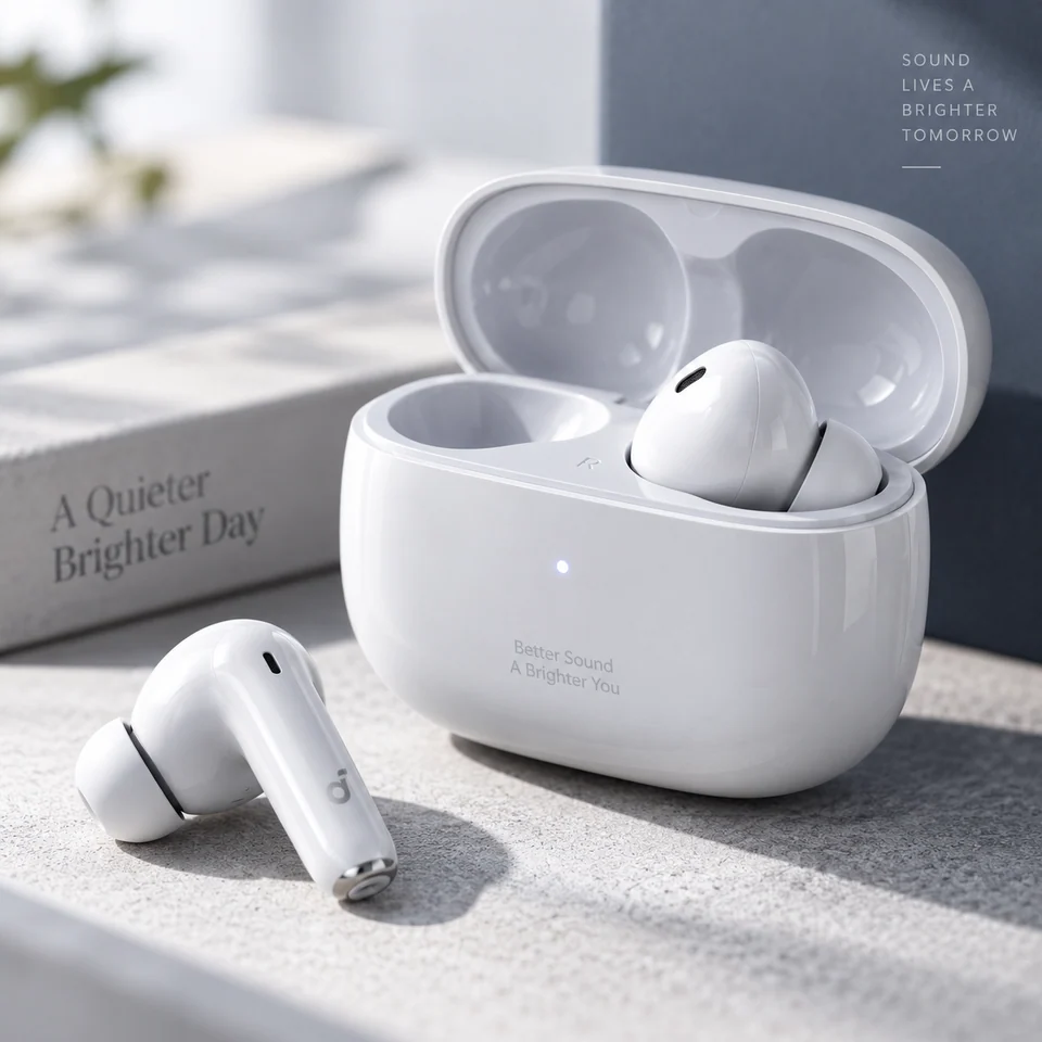 White wireless earbuds product photo before background removal